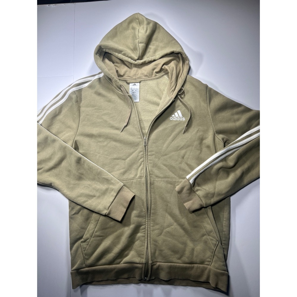 Adidas Full Zip Hoodie Mens Large Tan 3-Stripe Fleece Hooded Sweatshirt Khaki